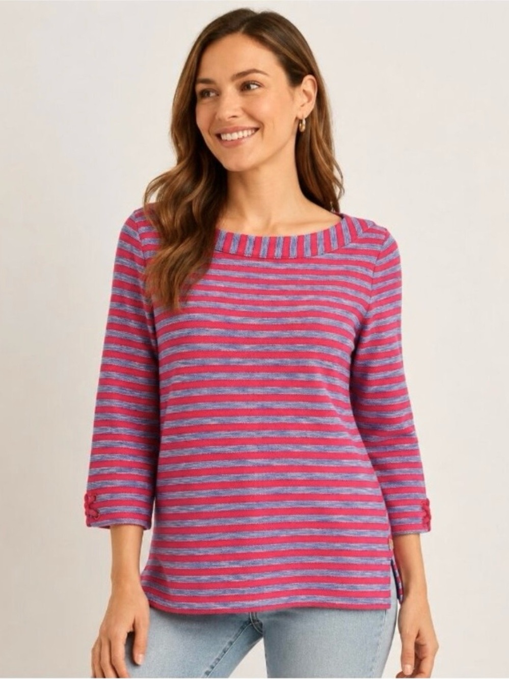 Talbots Pink Blue Striped Cotton  Boatneck Pullover Top SP Nautical Preppy
